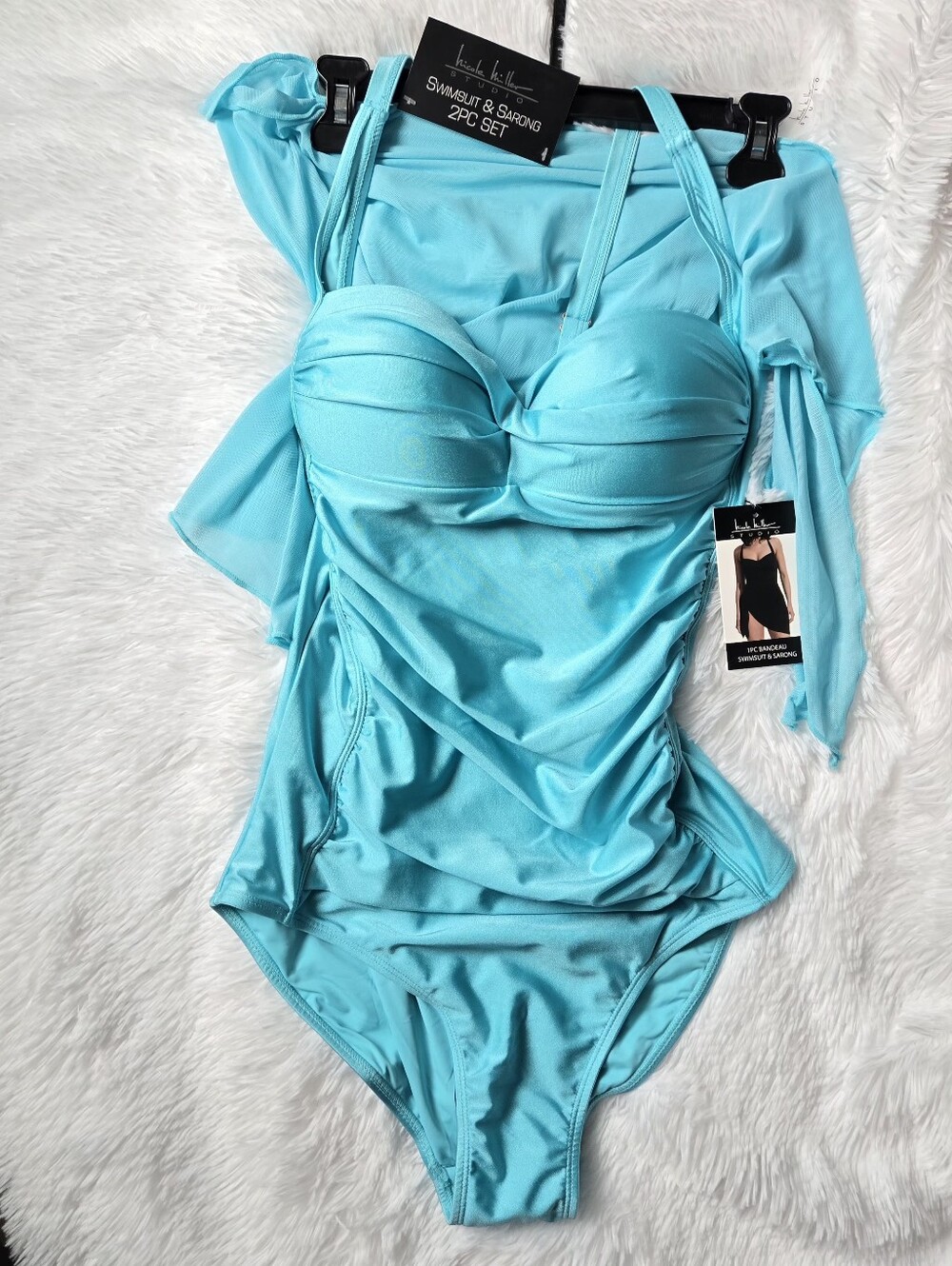 Nicole Miller Studio NWT 2-Piece Swimsuit & Sarong Set - Turquoise M (Flawed)